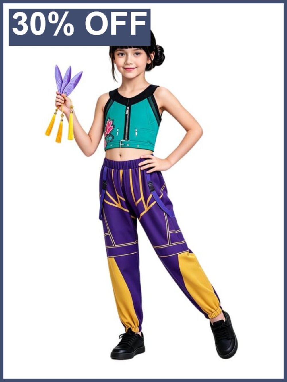 Kids 3 Piece Kpop Cosplay Costume Set Sleeveless Crop Top Jogger Pants Halloween